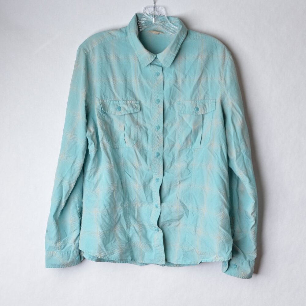 Duluth Trading Womens XL Light Blue Yellow Polyester Button Up Long Sleeve Shirt